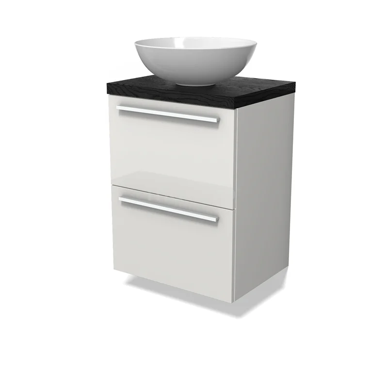 Modulo Plato Slim Vanity units for countertop basin | 50 cm High-gloss white Flat front Black oak worktop 2 Stacked drawers BMK37-02807