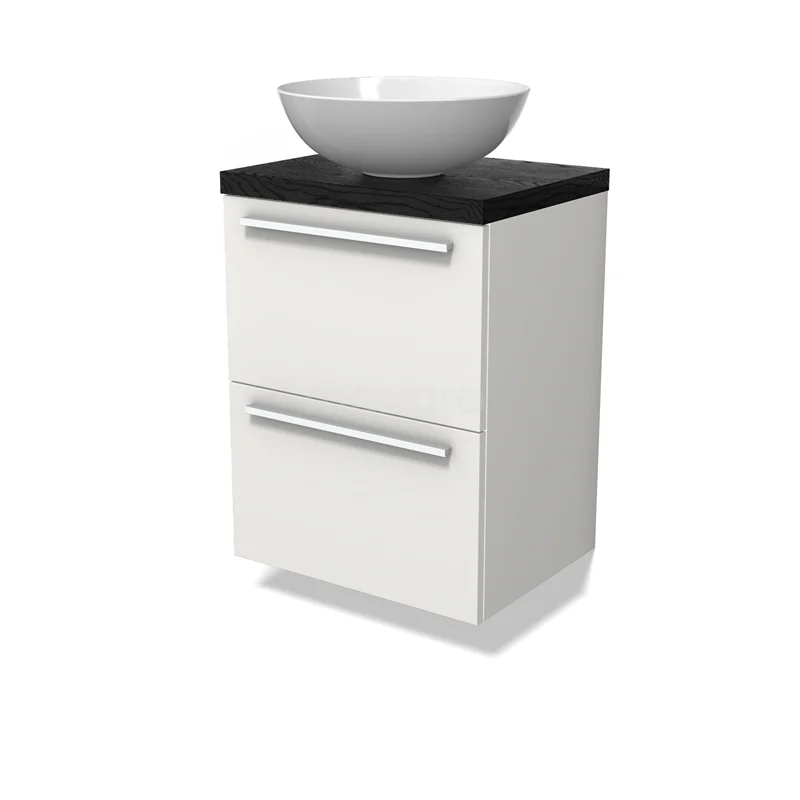 Modulo Plato Slim Vanity units for countertop basin | 50 cm Matte white Flat front Black oak worktop 2 Stacked drawers BMK37-02808