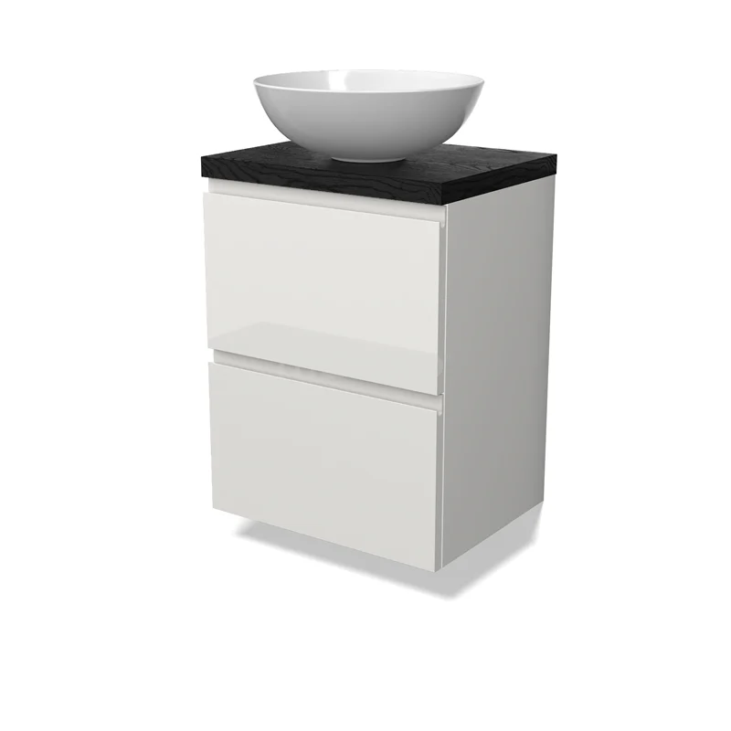 Modulo Plato Slim Badmöbel mit Aufsatzwaschbecken | 50 cm Hochglanz Weiß Grifflos front Schwarze Eiche blatt 2 übereinanderliegende Schubladen BMK37-02832 Modulo Plato Slim Badmöbel mit Aufsatzwaschbecken | 50 cm Hochglanz Weiß Grifflos front Schwarze Eiche blatt 2 übereinanderliegende Schubladen BMK37-02832