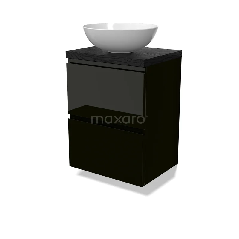 Modulo Plato Slim Vanity units for countertop basin | 50 cm High-gloss black Handle-less front Black oak worktop 2 Stacked drawers BMK37-02835