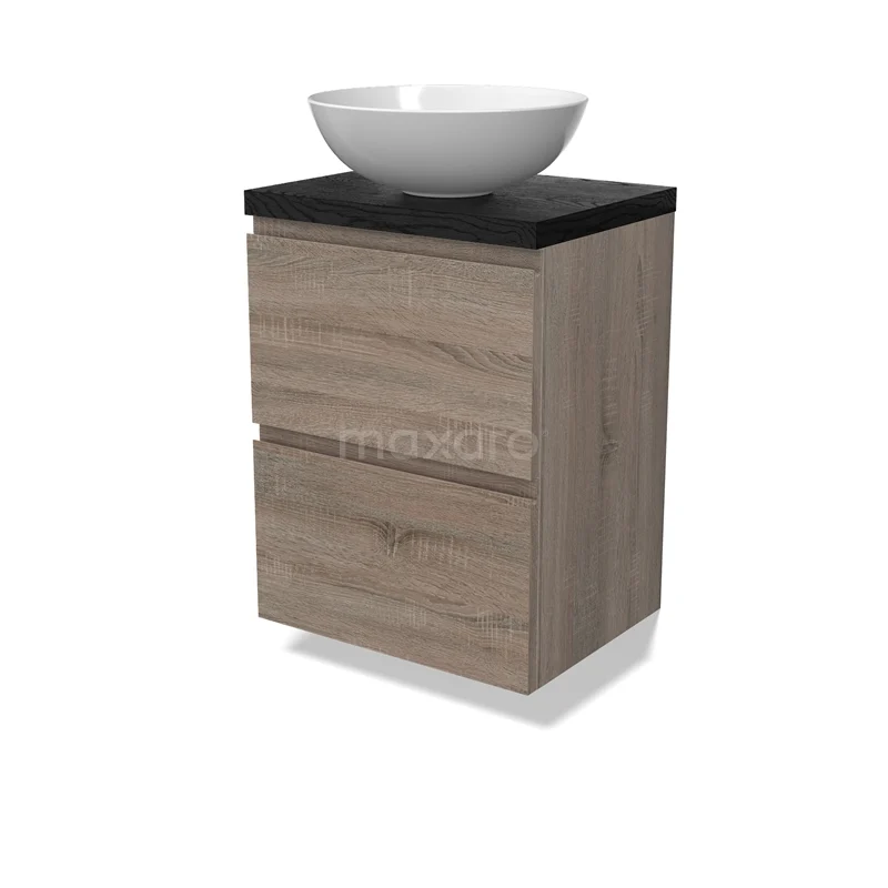 Modulo Plato Slim Vanity units for countertop basin | 50 cm Oak Handle-less front Black oak worktop 2 Stacked drawers BMK37-02836
