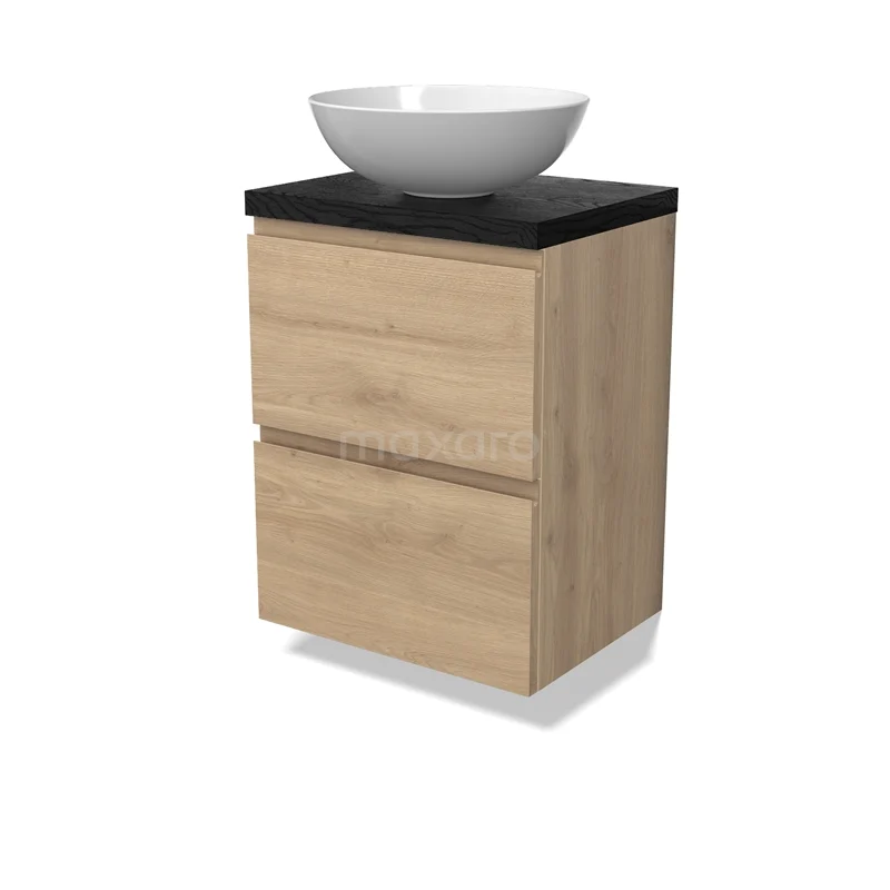 Modulo Plato Slim Vanity units for countertop basin | 50 cm Light brown oak Handle-less front Black oak worktop 2 Stacked drawers BMK37-02838
