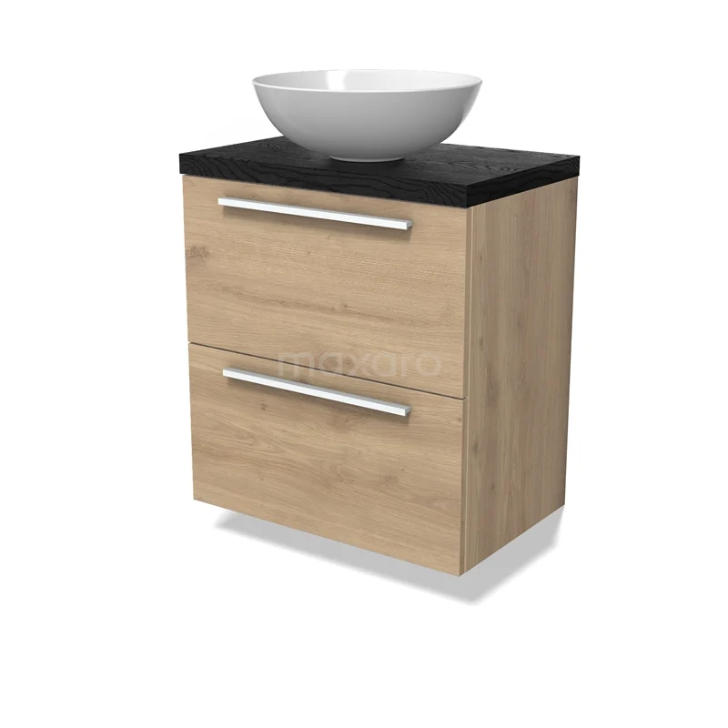 Modulo Plato Slim Vanity units for countertop basin | 60 cm Light brown oak Flat front Black oak worktop 2 Stacked drawers BMK37-02851