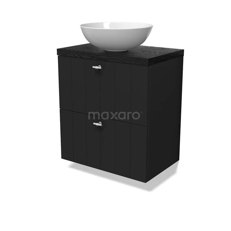 Modulo Plato Slim Vanity units for countertop basin | 60 cm Matte black Slat front Black oak worktop 2 Stacked drawers BMK37-02862