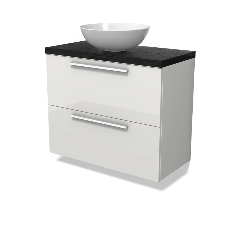 Modulo Plato Slim Vanity units for countertop basin | 80 cm High-gloss white Flat front Black oak worktop 2 Stacked drawers BMK37-02883