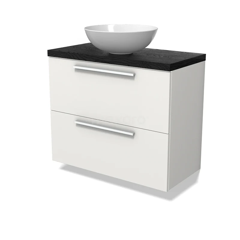 Modulo Plato Slim Vanity units for countertop basin | 80 cm Matte white Flat front Black oak worktop 2 Stacked drawers BMK37-02884