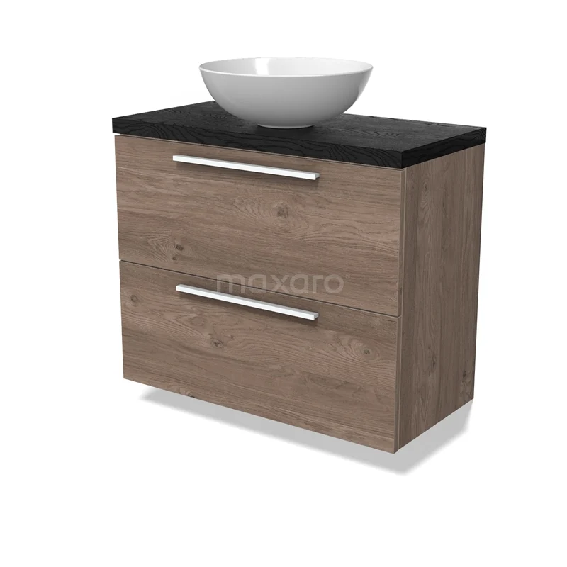 Modulo Plato Slim Badmöbel mit Aufsatzwaschbecken | 80 cm Mittelbraune Eiche Flach front Schwarze Eiche blatt 2 übereinanderliegende Schubladen BMK37-02890 Modulo Plato Slim Badmöbel mit Aufsatzwaschbecken | 80 cm Mittelbraune Eiche Flach front Schwarze Eiche blatt 2 übereinanderliegende Schubladen BMK37-02890