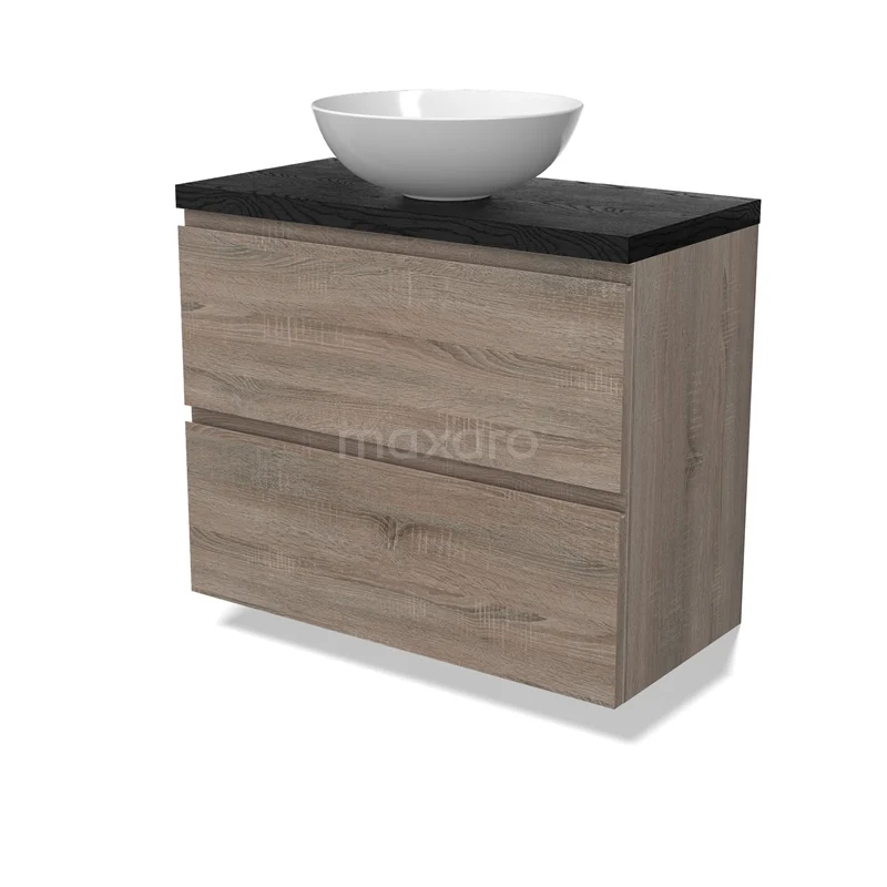 Modulo Plato Slim Vanity units for countertop basin | 80 cm Oak Handle-less front Black oak worktop 2 Stacked drawers BMK37-02912