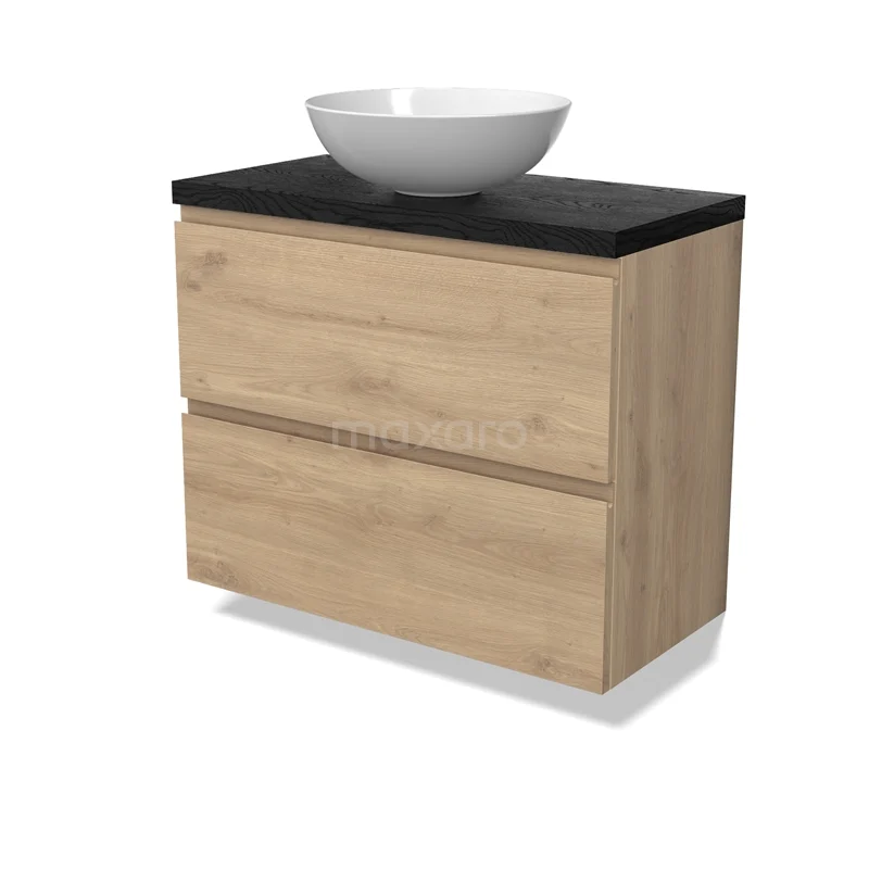 Modulo Plato Slim Vanity units for countertop basin | 80 cm Light brown oak Handle-less front Black oak worktop 2 Stacked drawers BMK37-02914
