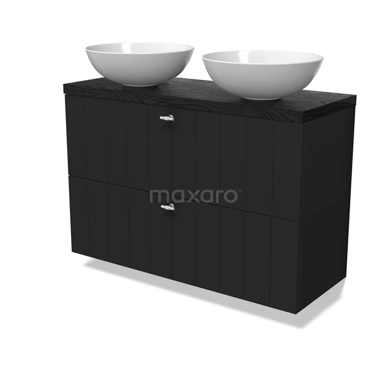 Modulo Plato Slim Vanity units for countertop basin | 100 cm Matte black Slat front Black oak worktop 2 Stacked drawers BMK37-02938