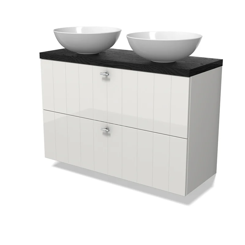 Modulo Plato Slim Vanity units for countertop basin | 100 cm High-gloss white Slat front Black oak worktop 2 Stacked drawers BMK37-02940