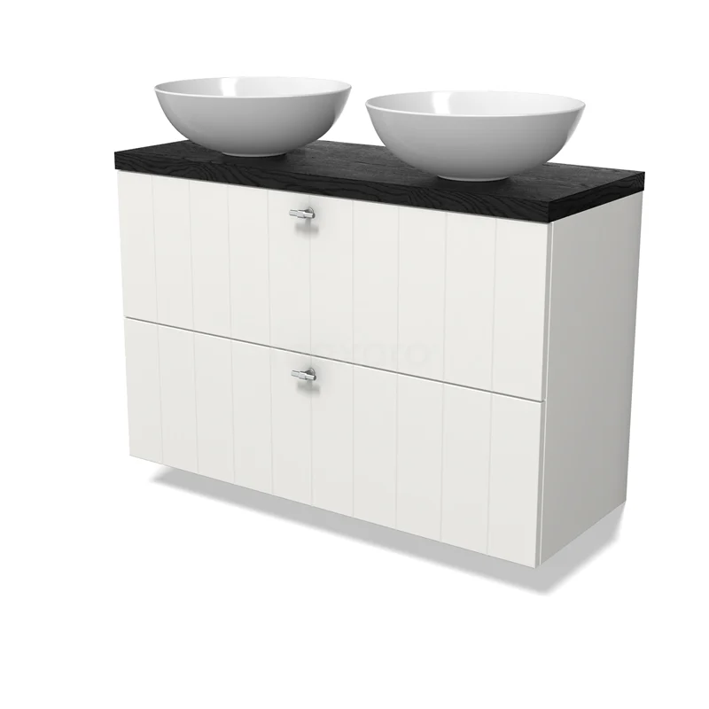 Modulo Plato Slim Vanity units for countertop basin | 100 cm Matte white Slat front Black oak worktop 2 Stacked drawers BMK37-02941