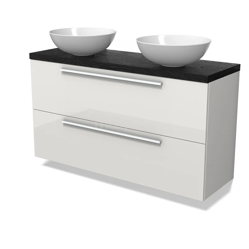 Modulo Plato Slim Badmöbel mit Aufsatzwaschbecken | 120 cm Hochglanz Weiß Flach front Schwarze Eiche blatt 2 übereinanderliegende Schubladen BMK37-02959 Modulo Plato Slim Badmöbel mit Aufsatzwaschbecken | 120 cm Hochglanz Weiß Flach front Schwarze Eiche blatt 2 übereinanderliegende Schubladen BMK37-02959