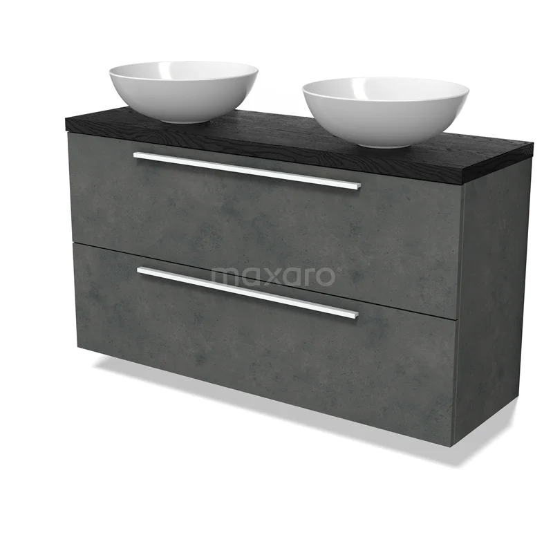 Modulo Plato Slim Vanity units for countertop basin | 120 cm Dark grey concrete Flat front Black oak worktop 2 Stacked drawers BMK37-02969