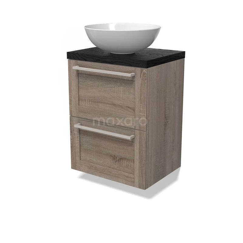 Modulo Plato Slim Vanity units for countertop basin | 50 cm Oak Frame front Black oak worktop 2 Stacked drawers BMK37-02818