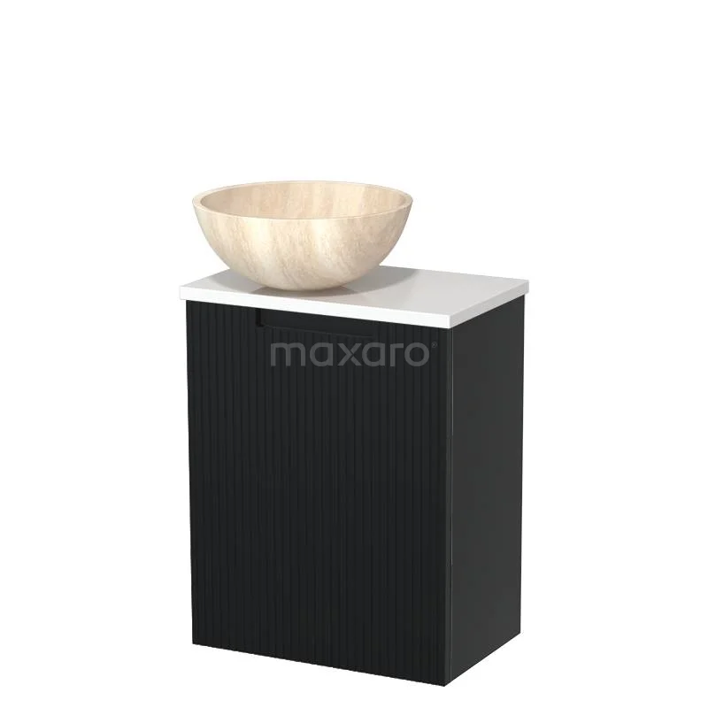Toilet unit with countertop wash basin | 41 cm Matte black Line front Travertine Natural stone basin High-gloss white worktop TMK10-15101