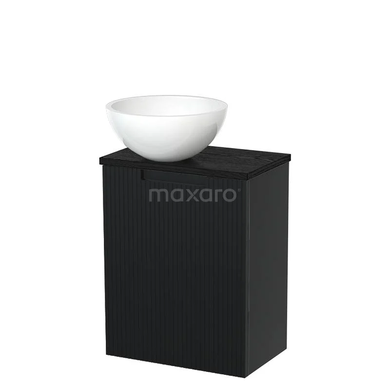 Toilet unit with countertop wash basin | 41 cm Matte black Line front Gloss white Mineral marble countertop wash basin Black oak worktop TMK10-15161