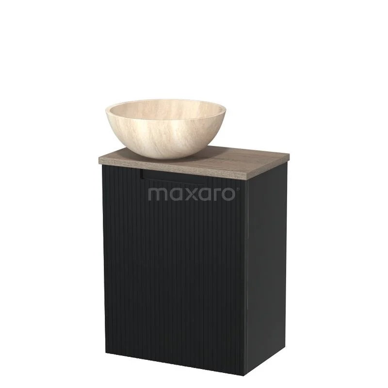 Toilet unit with countertop wash basin | 41 cm Matte black Line front Travertine Natural stone worktop Oak worktop TMK10-15400