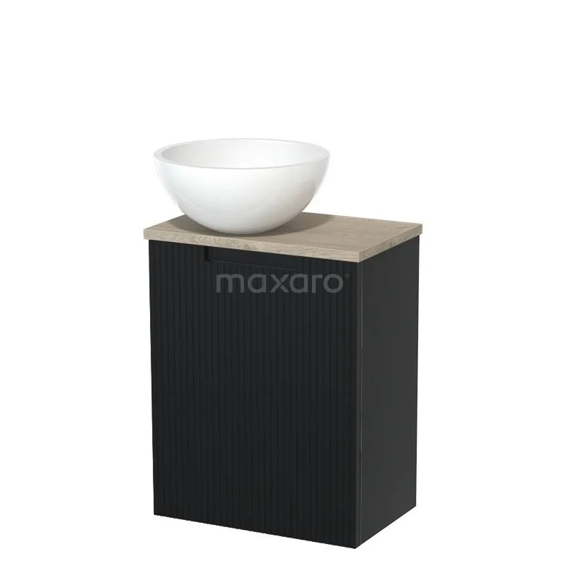Toilet unit with countertop wash basin | 41 cm Matte black Line front Gloss white Mineral marble basin Light grey oak worktop TMK10-15187