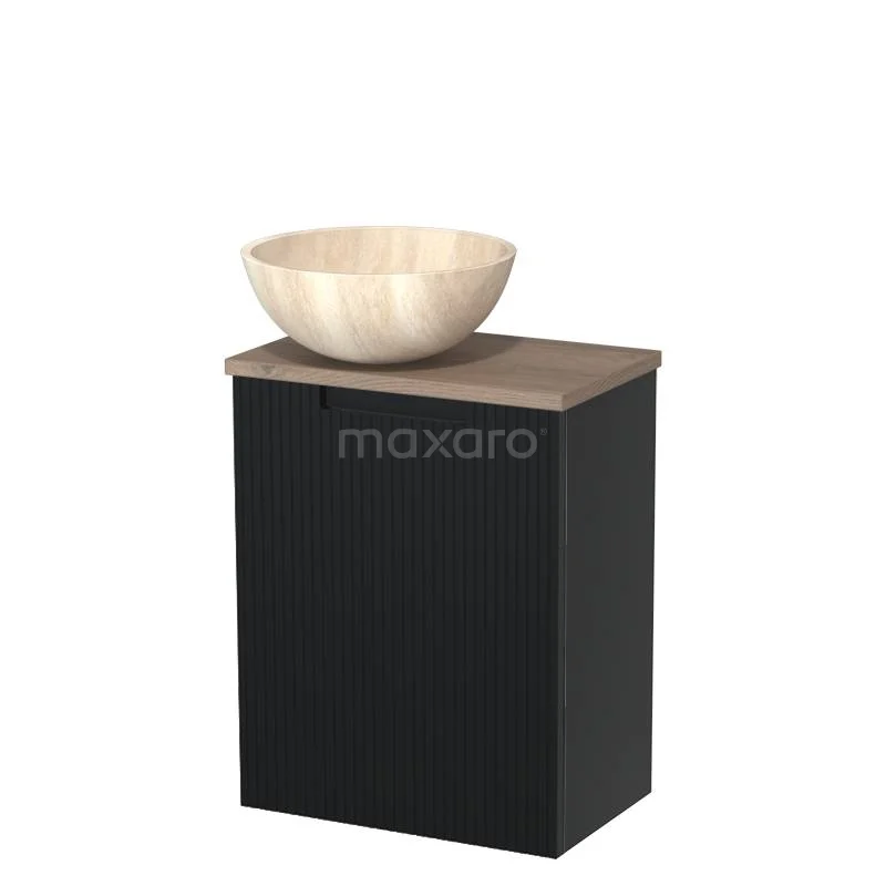 Toilet unit with countertop wash basin | 41 cm Matte black Line front Travertine Natural stone countertop wash basin Mid brown oak worktop TMK10-15439