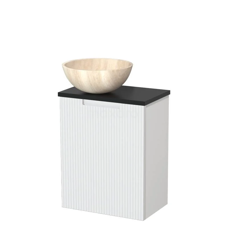 Toilet unit with countertop wash basin | 41 cm Matte white Front line Travertine Natural stone countertop wash basin Matte black worktop TMK10-15725