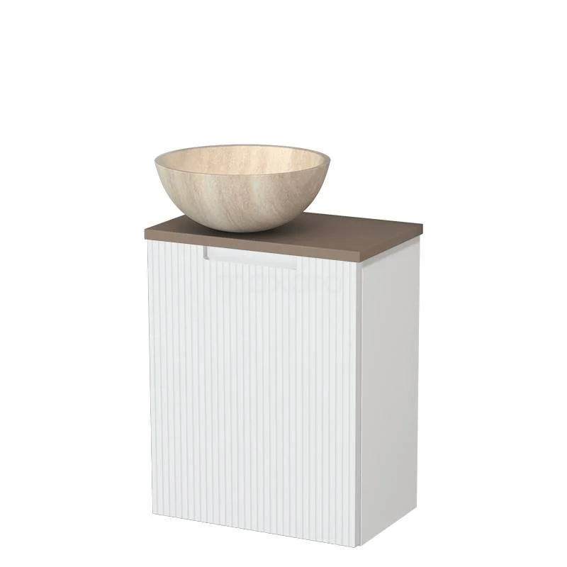 Toilet unit with countertop wash basin | 41 cm Matte white Line front Travertine Natural stone countertop wash basin Taupe worktop TMK10-15738