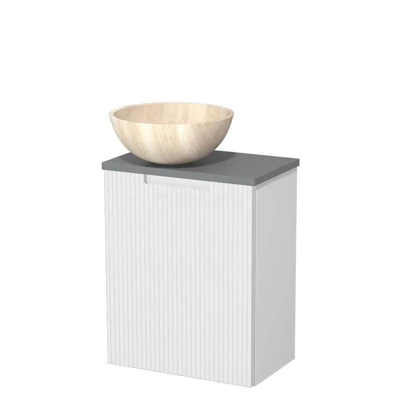 Toilet unit with countertop wash basin | 41 cm Matte white Line front Travertine Natural stone countertop wash basin Mid grey worktop TMK10-15751