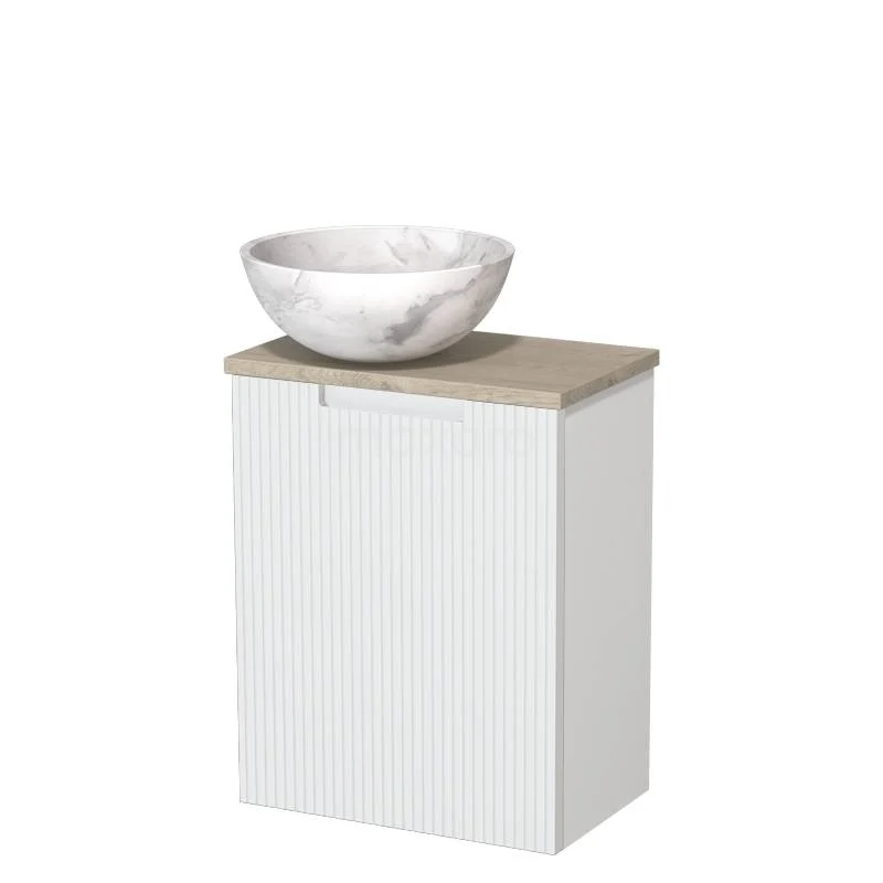 Toilet unit with countertop wash basin | 41 cm Matte white Line front White marble Natural stone countertop wash basin Light grey oak worktop TMK10-15856