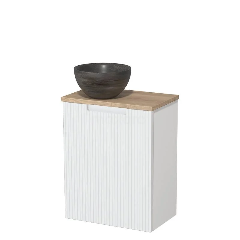 Toilet unit with countertop wash basin | 41 cm Matte white Line front Blue stone Natural stone countertop wash basin Light brown oak worktop TMK10-15866