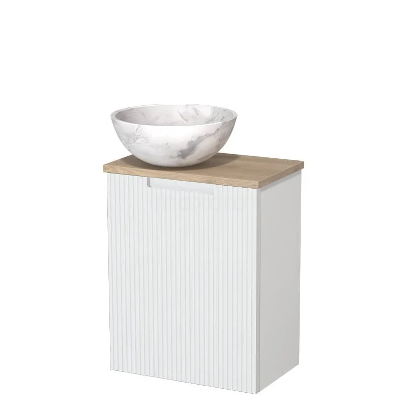 Toilet unit with countertop wash basin | 41 cm Matte white Line front White marble Natural stone countertop wash basin Light brown oak worktop TMK10-15869
