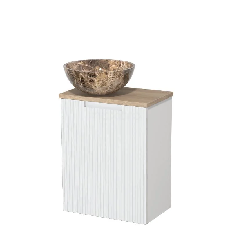 Toilet unit with countertop wash basin | 41 cm Matte white Line front Dark emperador Natural stone countertop wash basin Light brown oak worktop TMK10-15649