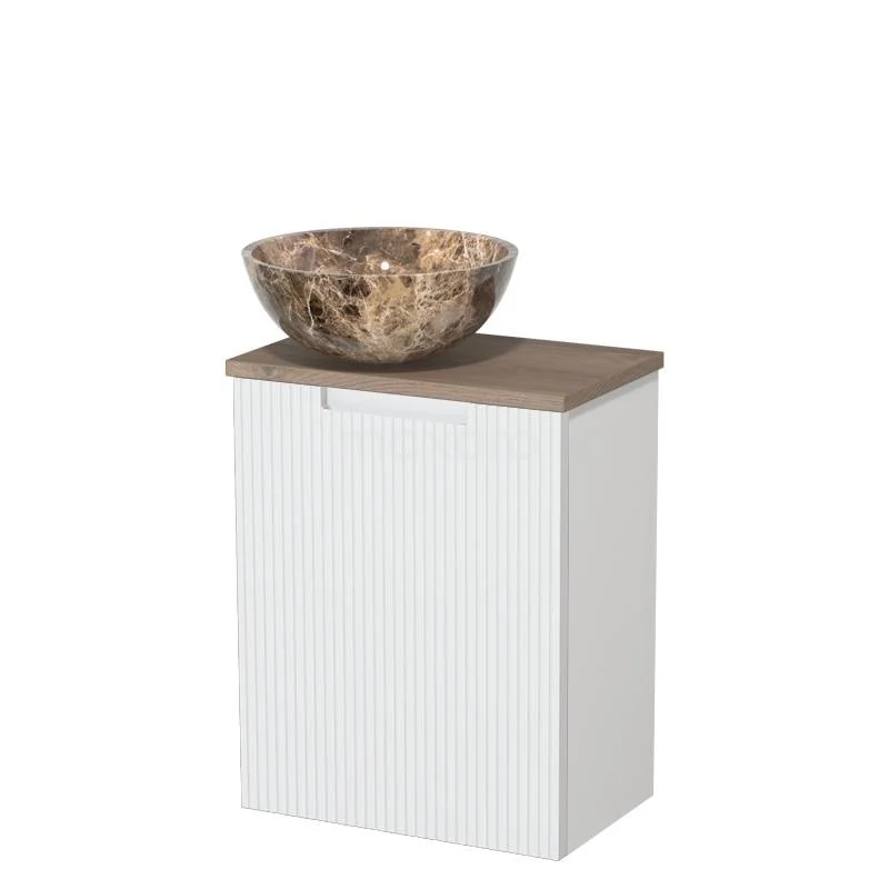 Toilet unit with countertop wash basin | 41 cm Matte white Line front Dark emperador Natural stone countertop wash basin Mid brown oak worktop TMK10-15662