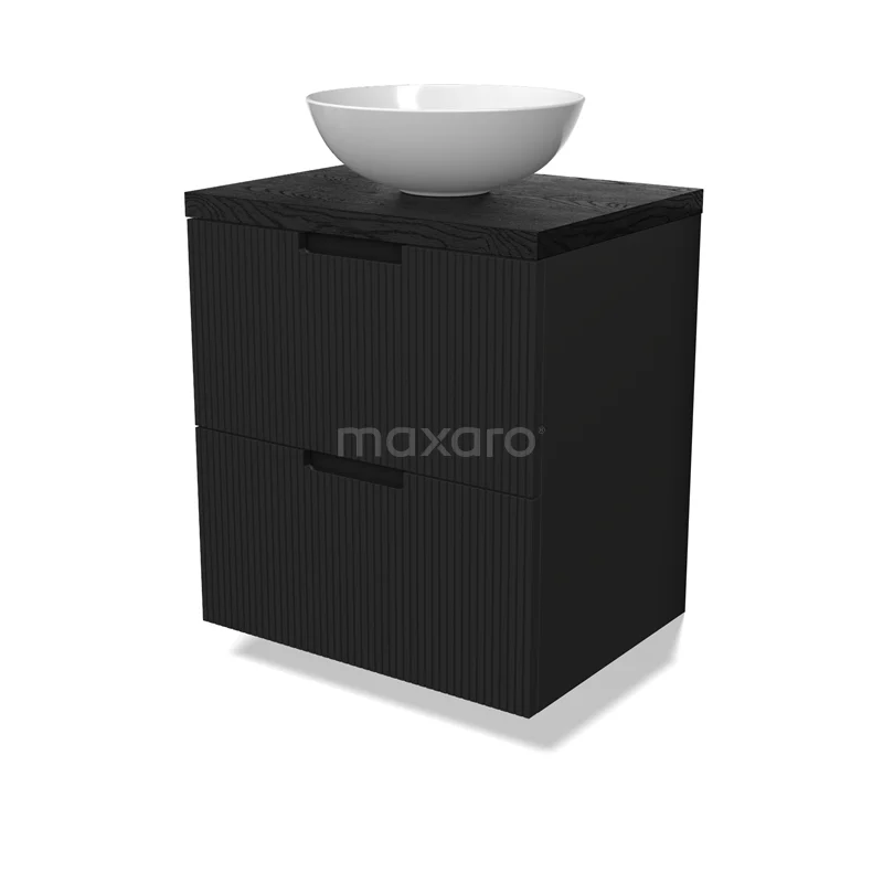 Modulo Plato Vanity units for countertop basin | 60 cm Matte black Line front Black oak worktop 2 Stacked drawers BMK17-02977