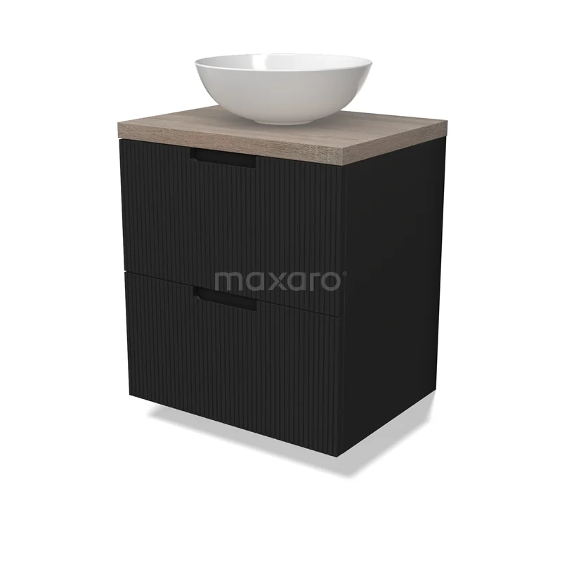 Modulo Plato Vanity units for countertop basin | 60 cm Matte black Line front Oak worktop 2 Stacked drawers BMK17-02978
