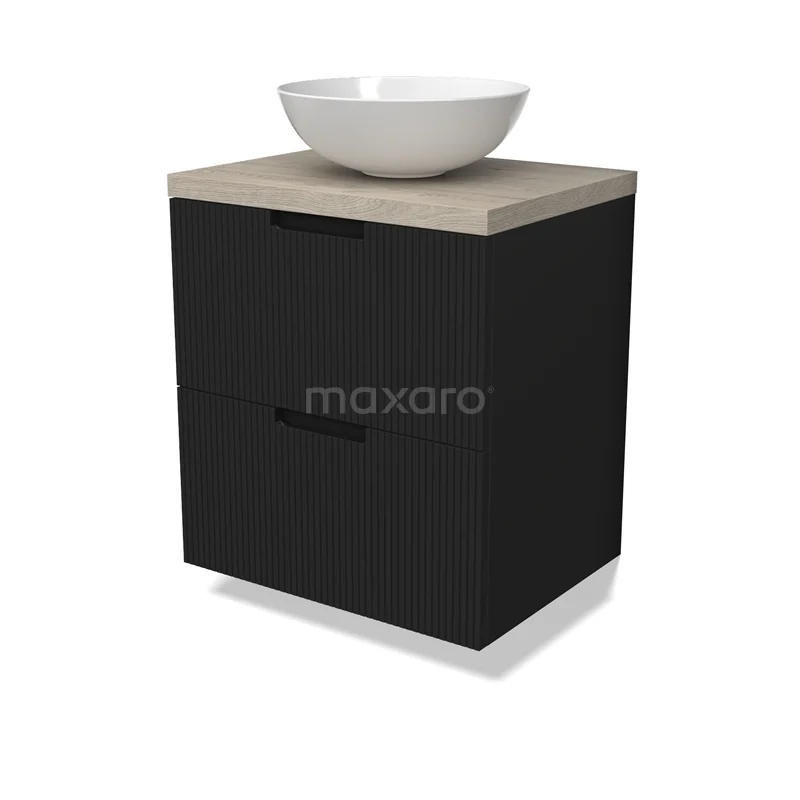 Modulo Plato Vanity units for countertop basin | 60 cm Matte black Line front Light grey oak worktop 2 Stacked drawers BMK17-02979