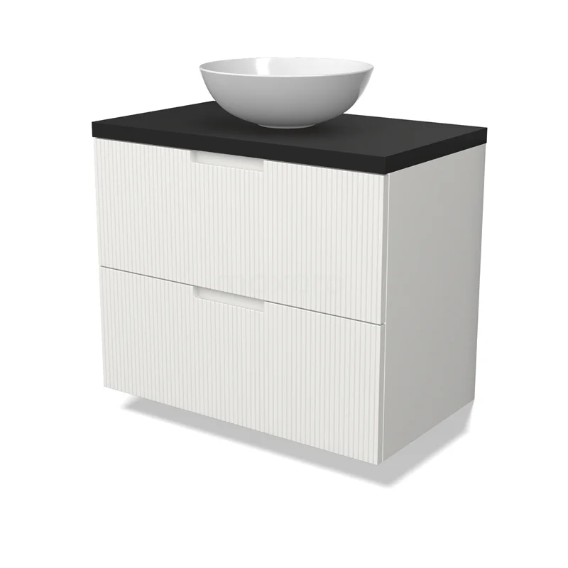 Modulo Plato Vanity units for countertop basin | 80 cm Matte white Line front Matte black worktop 2 Stacked drawers BMK17-03020