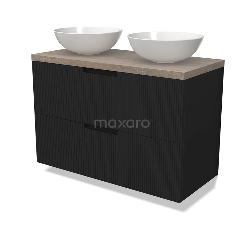 Modulo Plato Vanity units for countertop basin | 100 cm Matte black Line front Oak worktop 2 Stacked drawers BMK17-03046