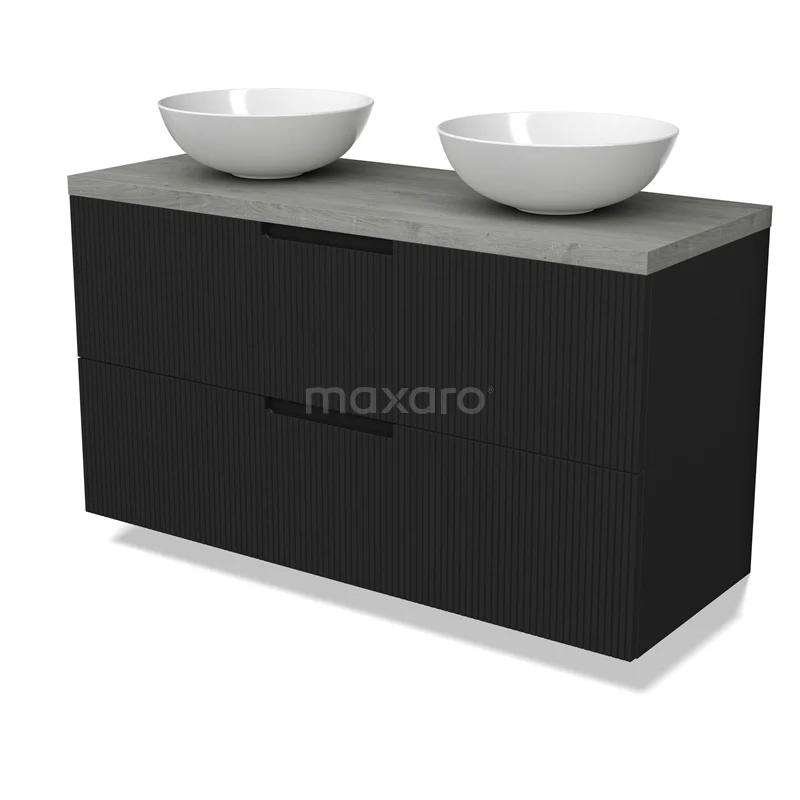 Modulo Plato Vanity units for countertop basin | 120 cm Matte black Line front Grey oak worktop 2 Stacked drawers BMK17-03085