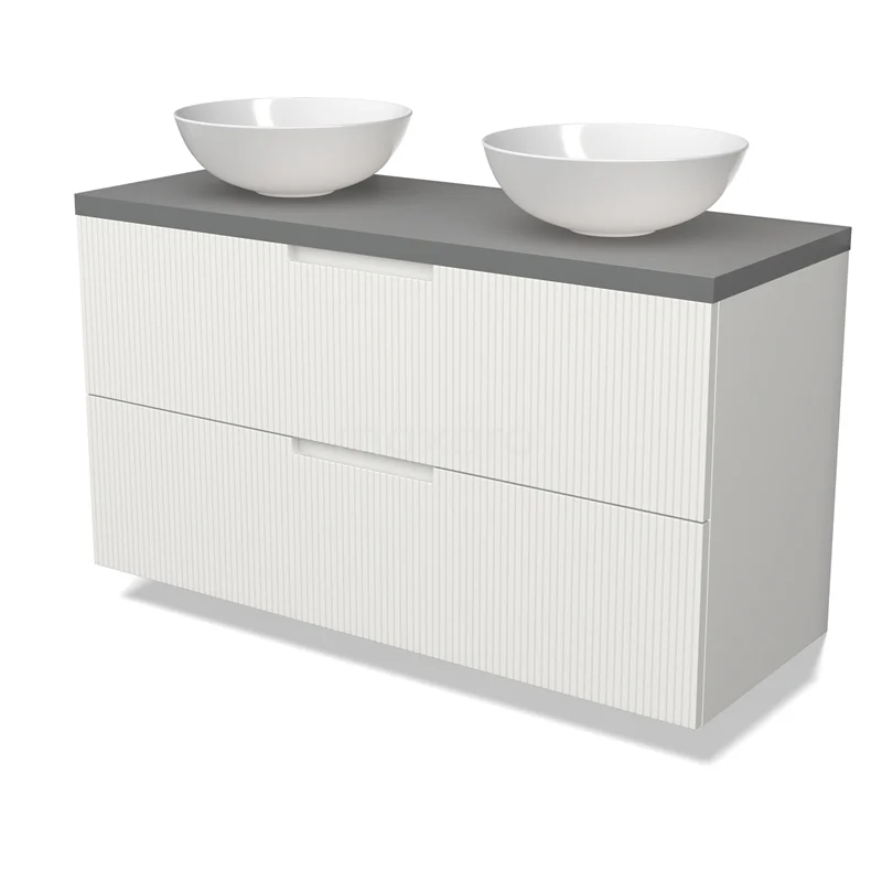 Modulo Plato Badmöbel mit Aufsatzwaschbecken | 120 cm Matt Weiß Linie front Mittelgrau blatt 2 übereinanderliegende Schubladen BMK17-03090 Modulo Plato Badmöbel mit Aufsatzwaschbecken | 120 cm Matt Weiß Linie front Mittelgrau blatt 2 übereinanderliegende Schubladen BMK17-03090