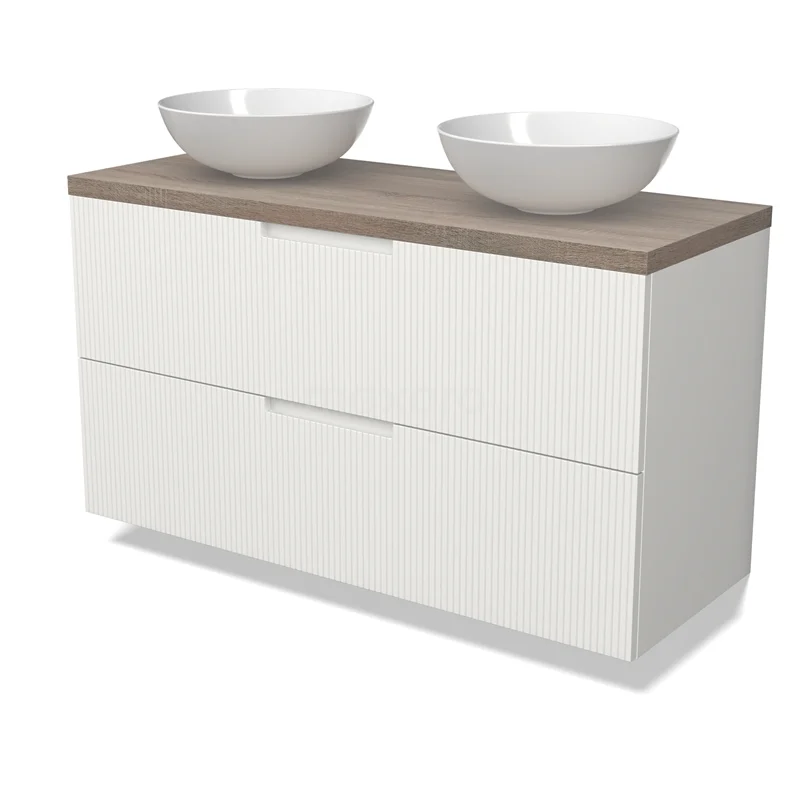 Modulo Plato Vanity units for countertop basin | 120 cm Matte white Line front Oak worktop 2 Stacked drawers BMK17-03097