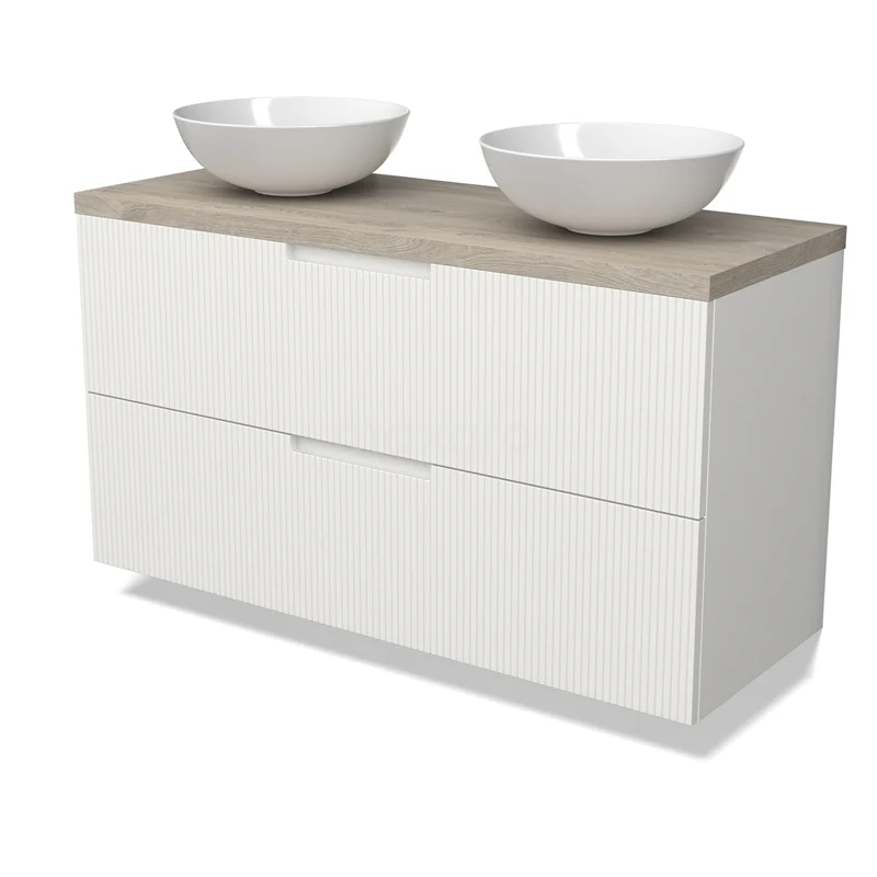 Modulo Plato Vanity units for countertop basin | 120 cm Matte white Line front Light grey oak worktop 2 Stacked drawers BMK17-03098