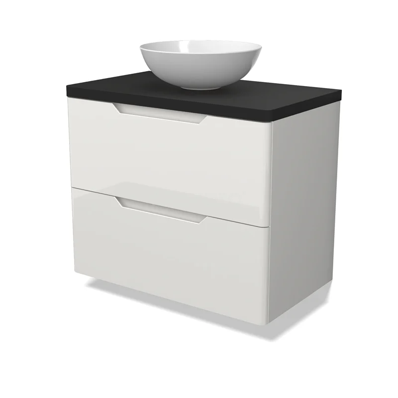 Modulo Plato Vanity units for countertop basin | 80 cm High-gloss white Round front Matte black worktop 2 Stacked drawers BMK17-03112