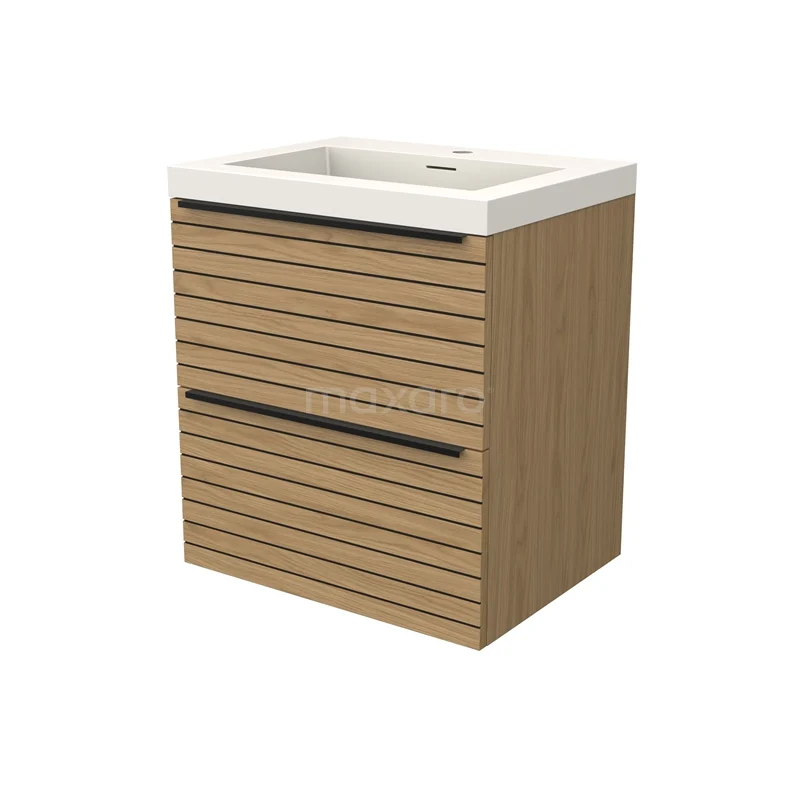 Modulo Vanity units with basin | 60 cm Natural veneer Strip front Solid surface 2 Stacked drawers BMW17-05152