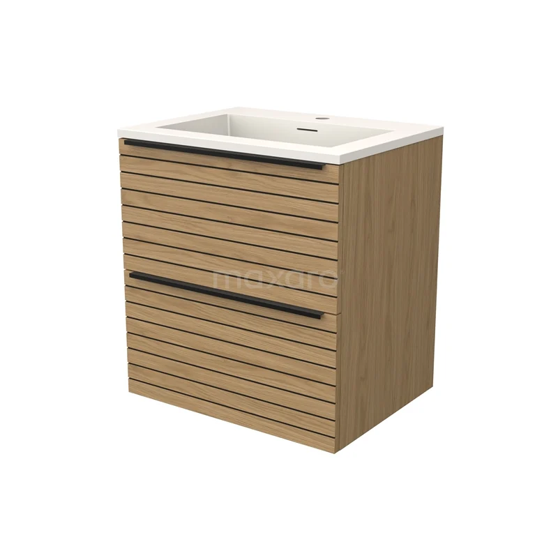 Modulo Vanity units with basin | 60 cm Natural veneer Strip front Solid surface 2 Stacked drawers BMW17-05153