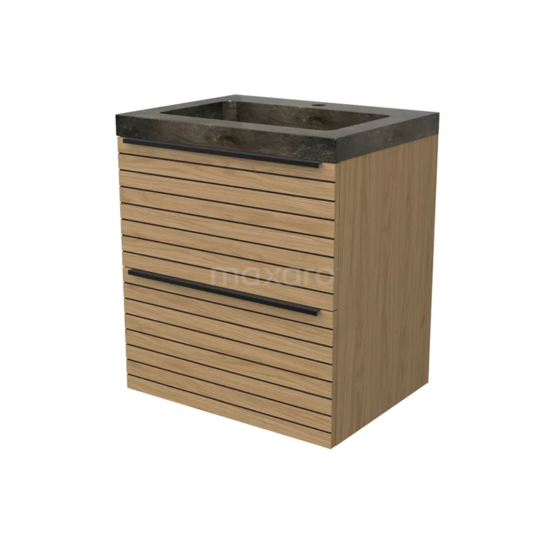 Modulo Vanity units with basin | 60 cm Natural veneer Strip front Natural stone 2 Stacked drawers BMW17-05154