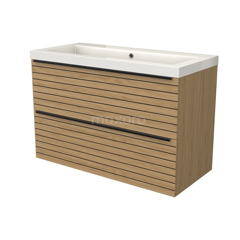 Modulo Vanity units with basin | 100 cm Natural veneer Strip front Mineral marble 2 Stacked drawers BMW17-05222
