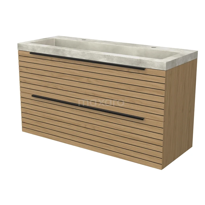 Modulo Vanity units with basin | 120 cm Natural veneer Strip front Concrete 2 Stacked drawers BMW17-05304
