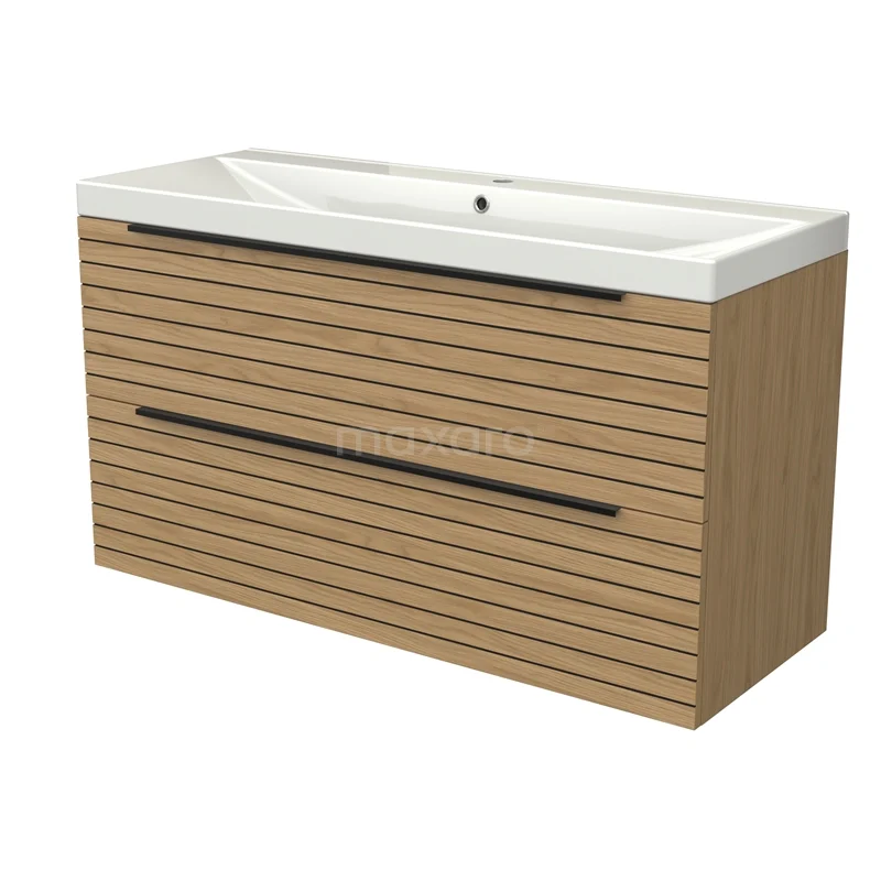 Modulo Vanity units with basin | 120 cm Natural veneer Strip front Ceramic 2 Stacked drawers BMW17-05305