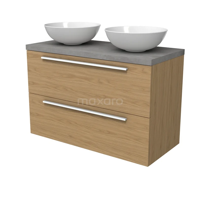 Modulo Plato Badmöbel mit Aufsatzwaschbecken | 100 cm Naturfurnier Flach front Hellgrauer Beton blatt 2 übereinanderliegende Schubladen BMK17-03173 Modulo Plato Badmöbel mit Aufsatzwaschbecken | 100 cm Naturfurnier Flach front Hellgrauer Beton blatt 2 übereinanderliegende Schubladen BMK17-03173