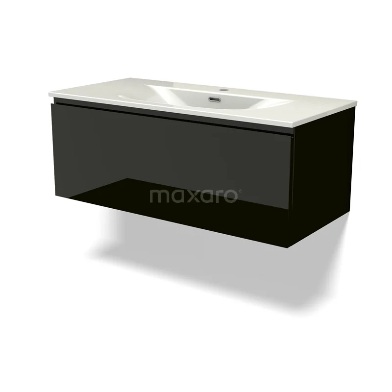 Modulo Vanity units with basin | 100 cm High-gloss black Handle-less front Ceramic 1 drawer BMW11-04844